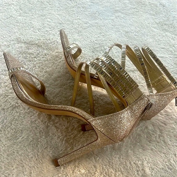 Gianni Bini Sz 9.5 Shawn Gold Glitter Strappy Rhinestone Stiletto High Heels - Picture 14 of 16